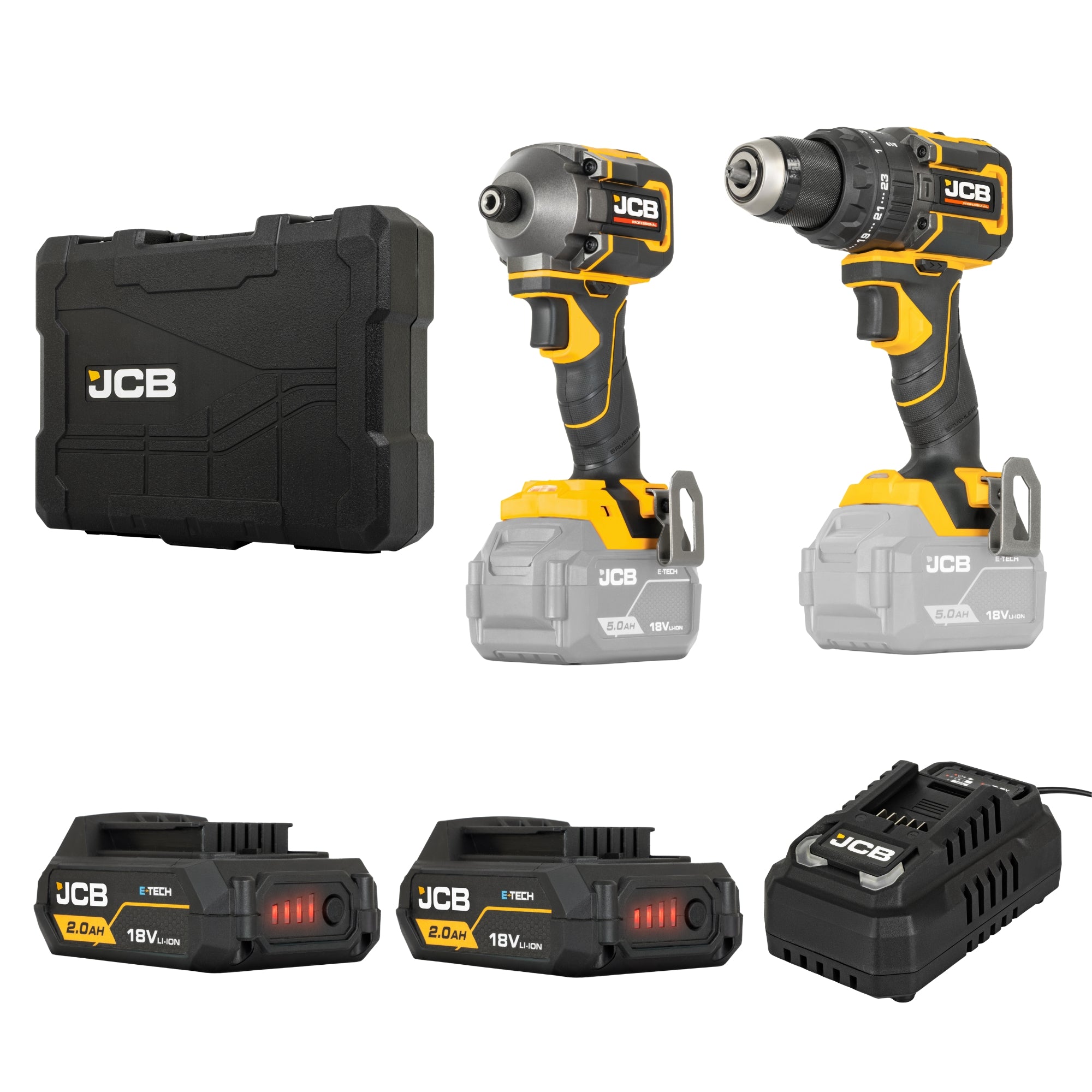 JCB Pro 18V Kit, 75Nm Combi Drill, Impact Driver, 2x 5.0Ah