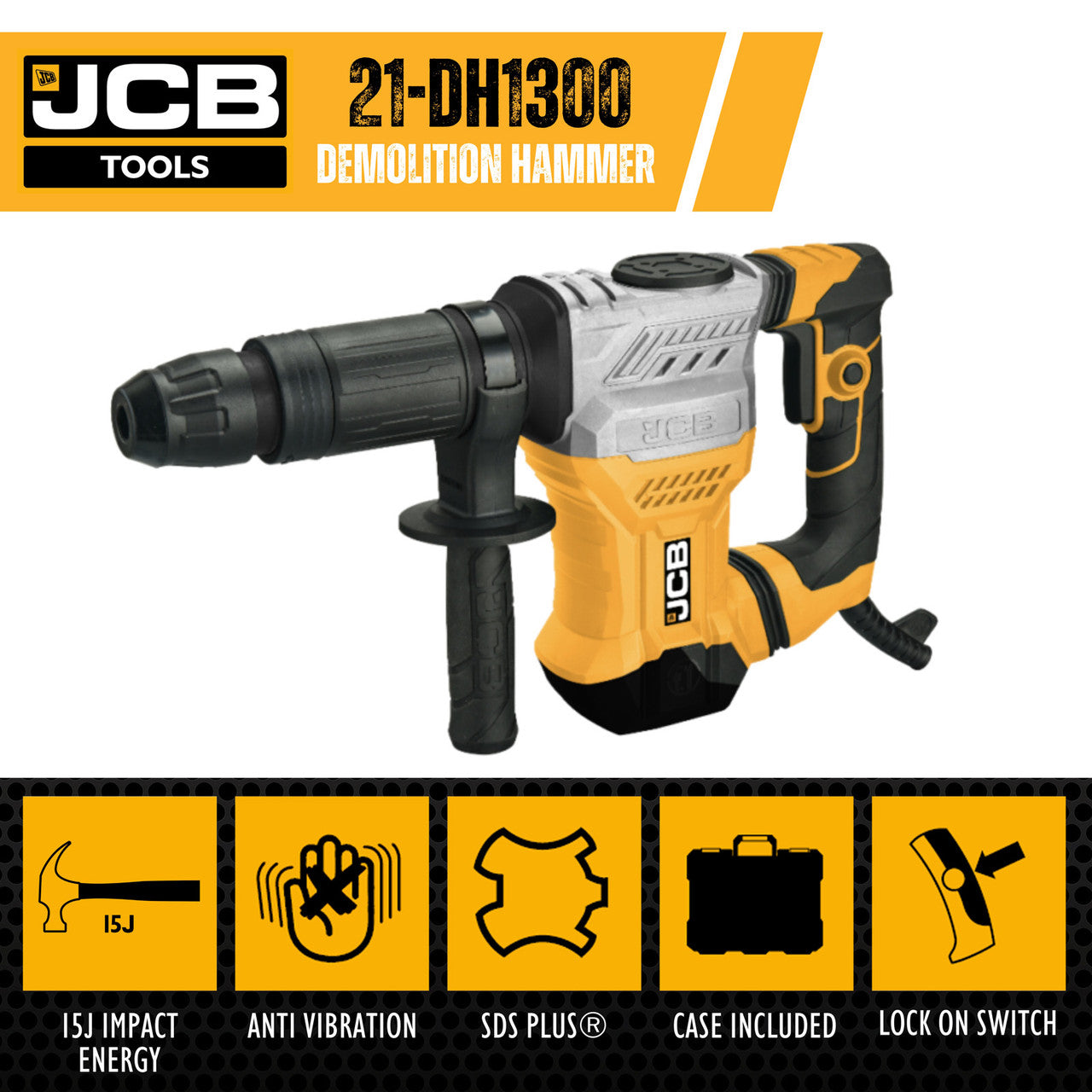 JCB 1300W 15J SDS Max Demolition Hammer and Chisel, Anti-Vibration
