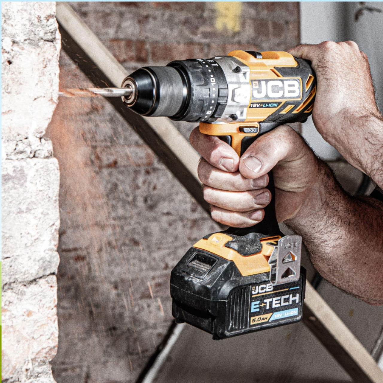 The JCB 18V 45Nm, Variable Speed Combi Drill  in use.