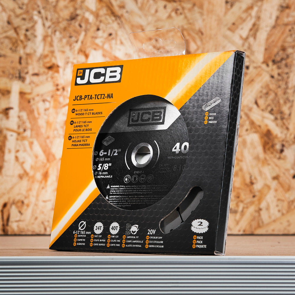 packaged JCB 165mm 24T and 40T TCT Blades on work bench