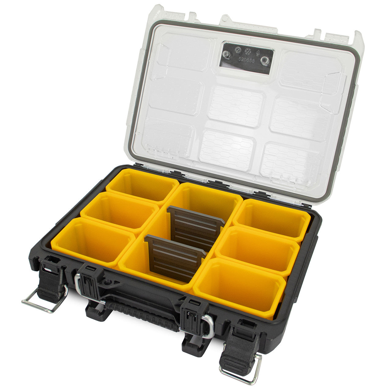 Flexible internal layout 1 large bin, 2 adjustable dividers, and 6 small bins