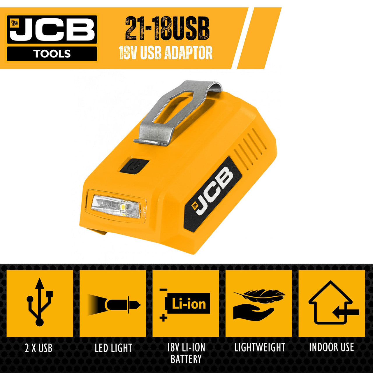 JCB 18V Cordless 60lm LED Light  with 2x USB Charge Portal Power Adaptor | 21-18USB