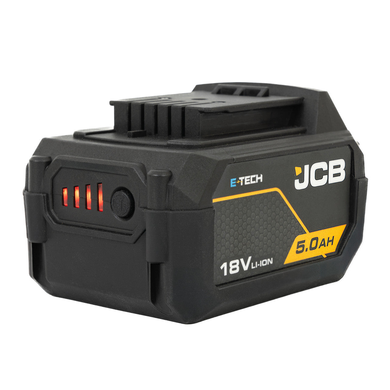 The JCB Professional E-TECH 5.0Ah 18v Battery is a high-performance battery, featuring next-gen lithium-ion technology that delivers outstanding power density and cooling efficiency