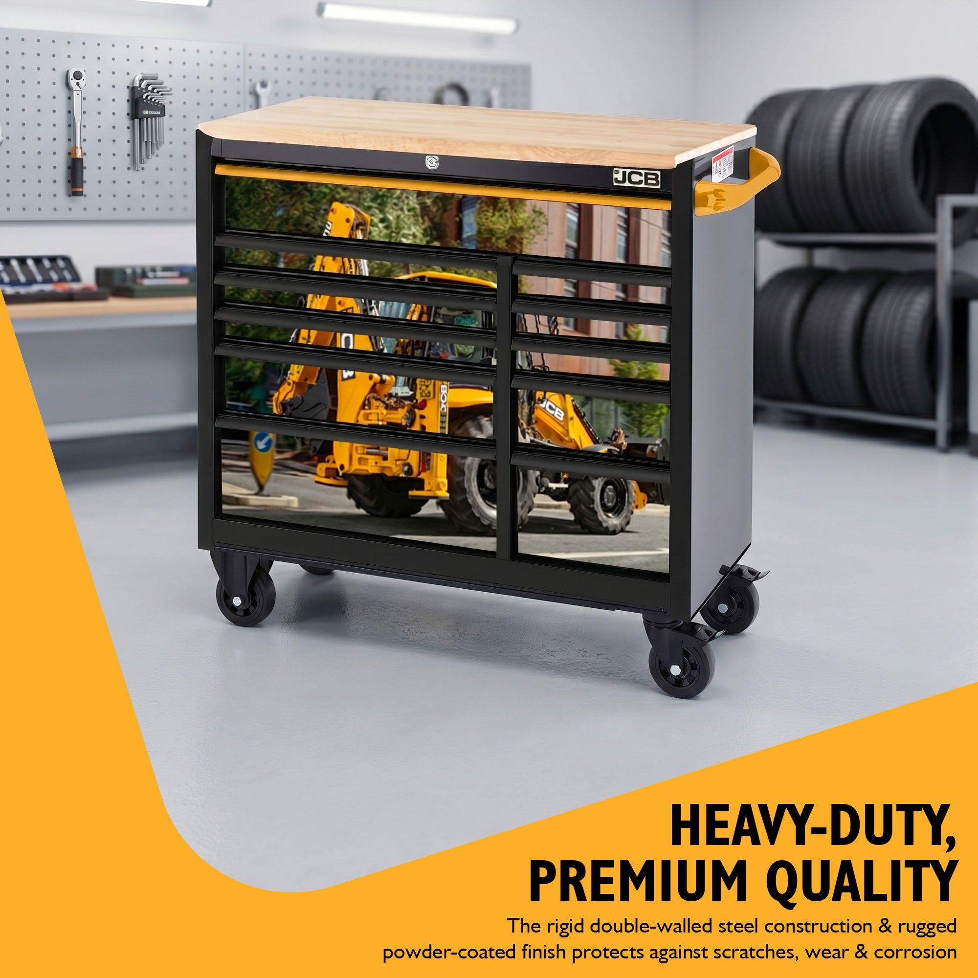 JCB 42’’ Roller Tool Cabinet, 11 Drawers, Steel with Hardwood Worktop and Backhoe Loader Wrap | JCBBHLRCBB