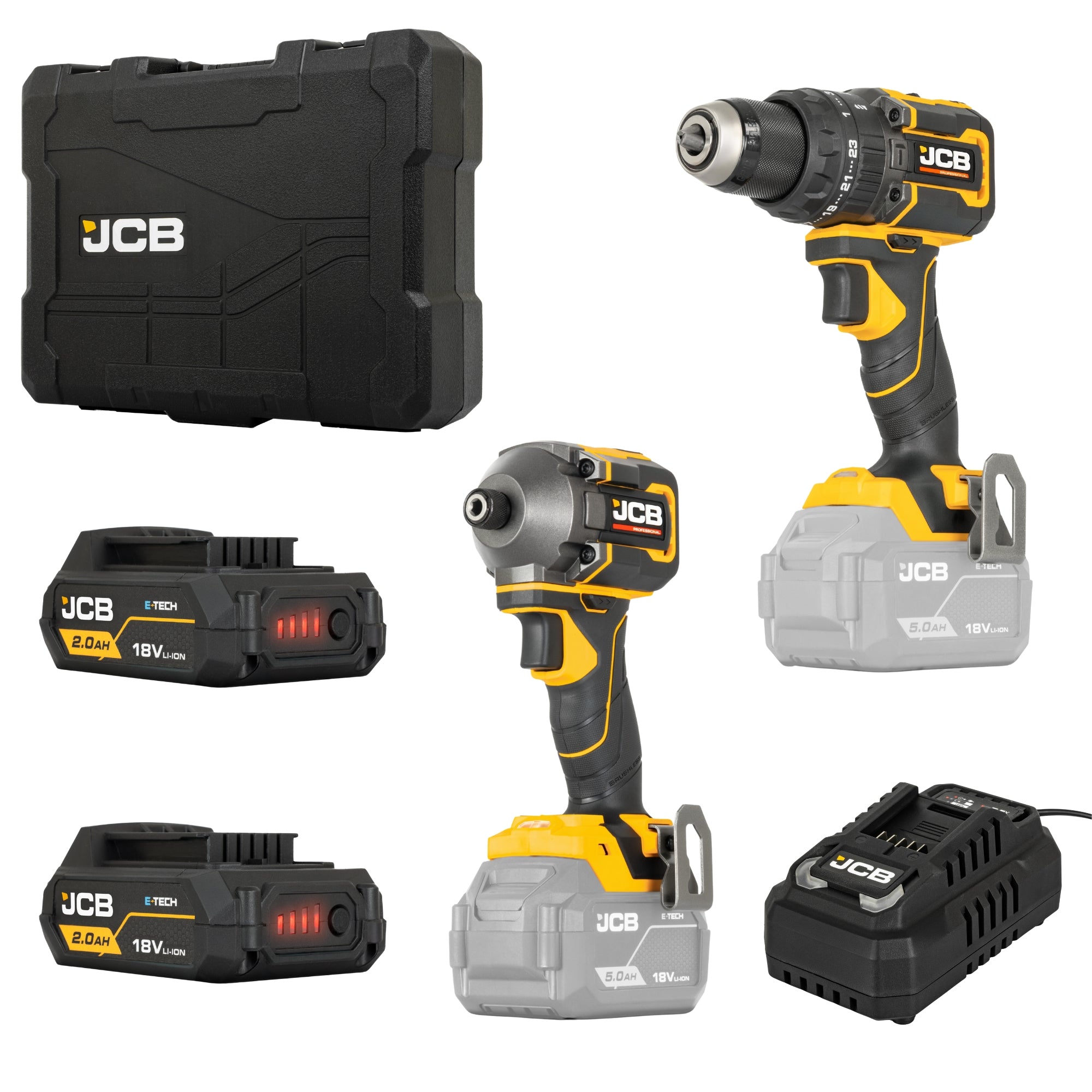 JCB Pro 18v Kit including 75Nm Combi Drill, 230Nm Impact Driver, 2x 2Ah Li-ion Batteries and 4.5A Fast Charger, with Carry Case | JCB-18PKIT-1