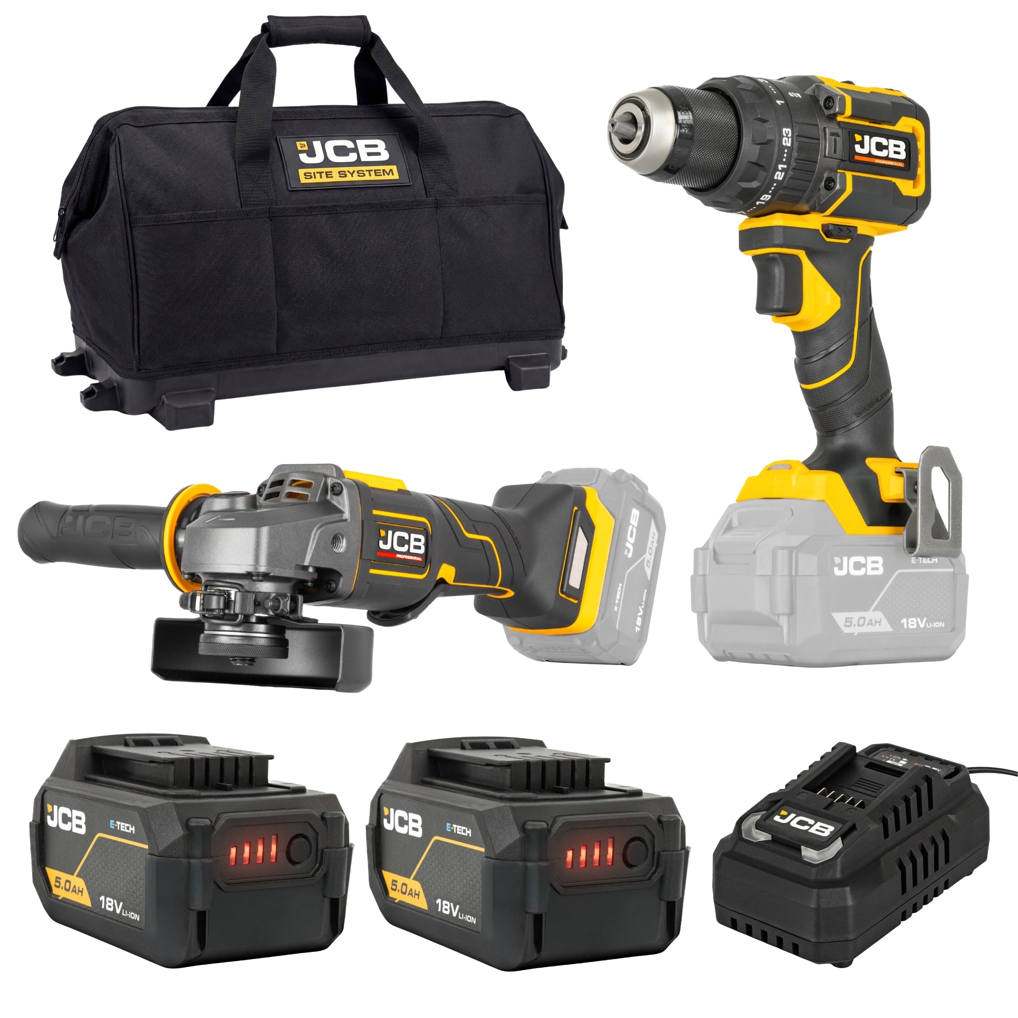 JCB Pro 18V Pro, 75Nm Combi Drill, 115mm Angle Grinder, 2x 5.0Ah Li-ion Batteries & 4.5A Fast Charger (with Soft Tool Bag) | JCB-18PKIT-4