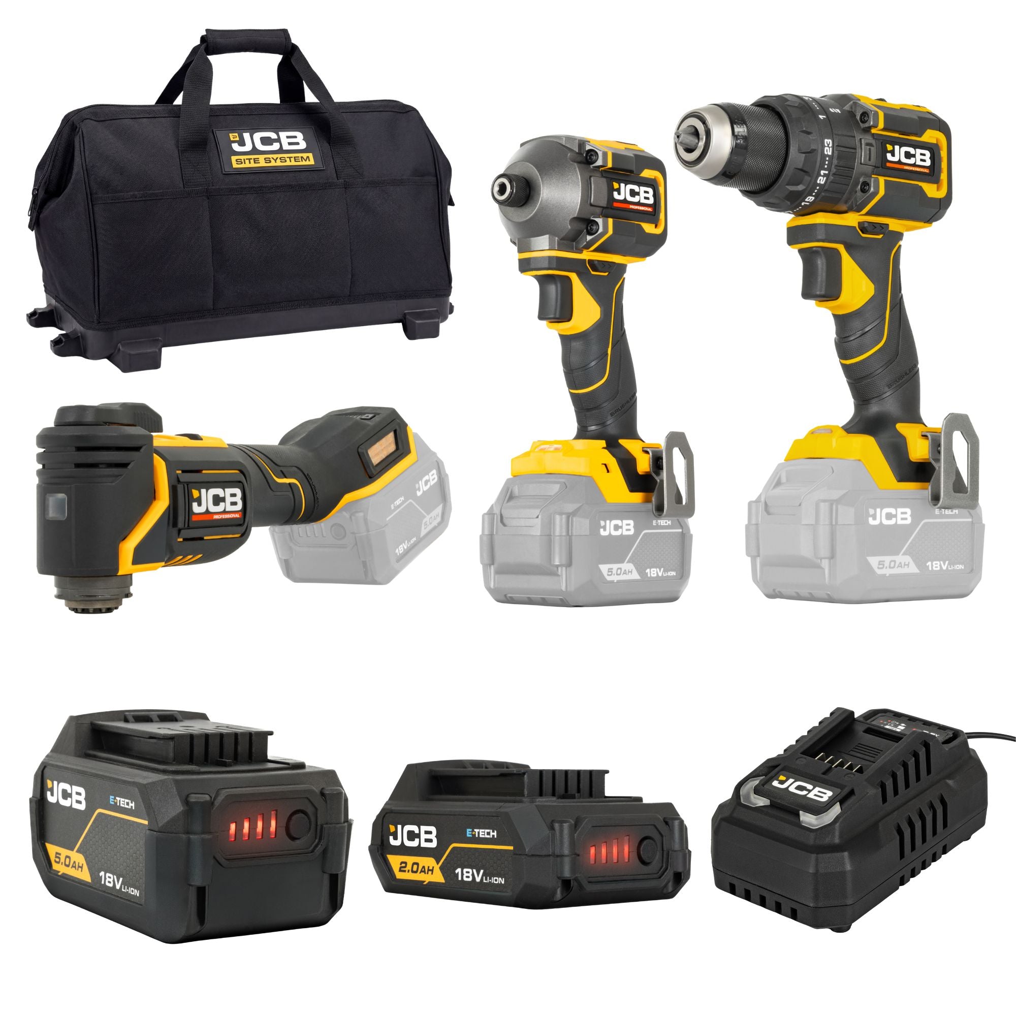 JCB Pro 18V Kit, Combi Drill (75Nm), Impact Driver (230Nm), Multi Tool, 2Ah & 5Ah Batteries, 4.5A Fast Charger & Soft Tool Bag | JCB-18PKIT-6