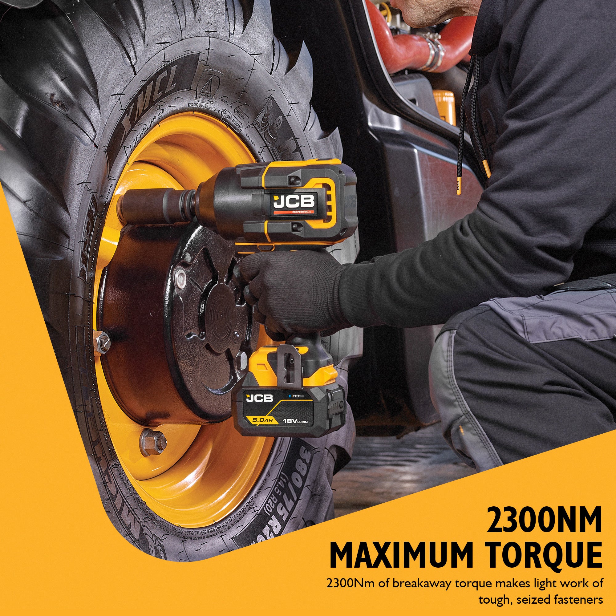 JCB Pro 2,300Nm, 1" Drive, 18V Impact Wrench, Brushless, 2,100Nm Fastening Torque | JCB-18PIW-2300