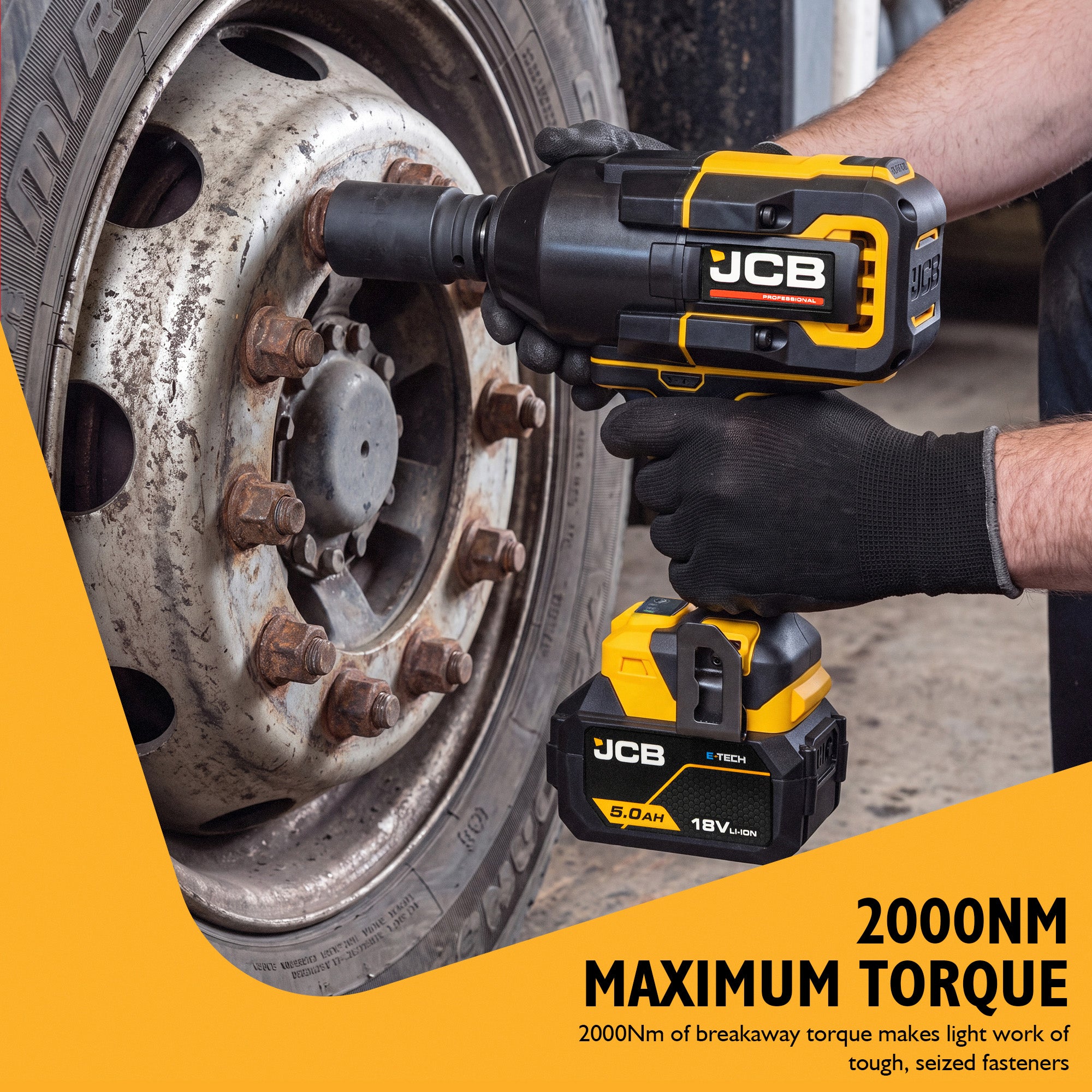 JCB Pro 2,000Nm 3/4" Impact Wrench, Brushless, 1,800Nm Fastening Torque | JCB-18PIW-2000