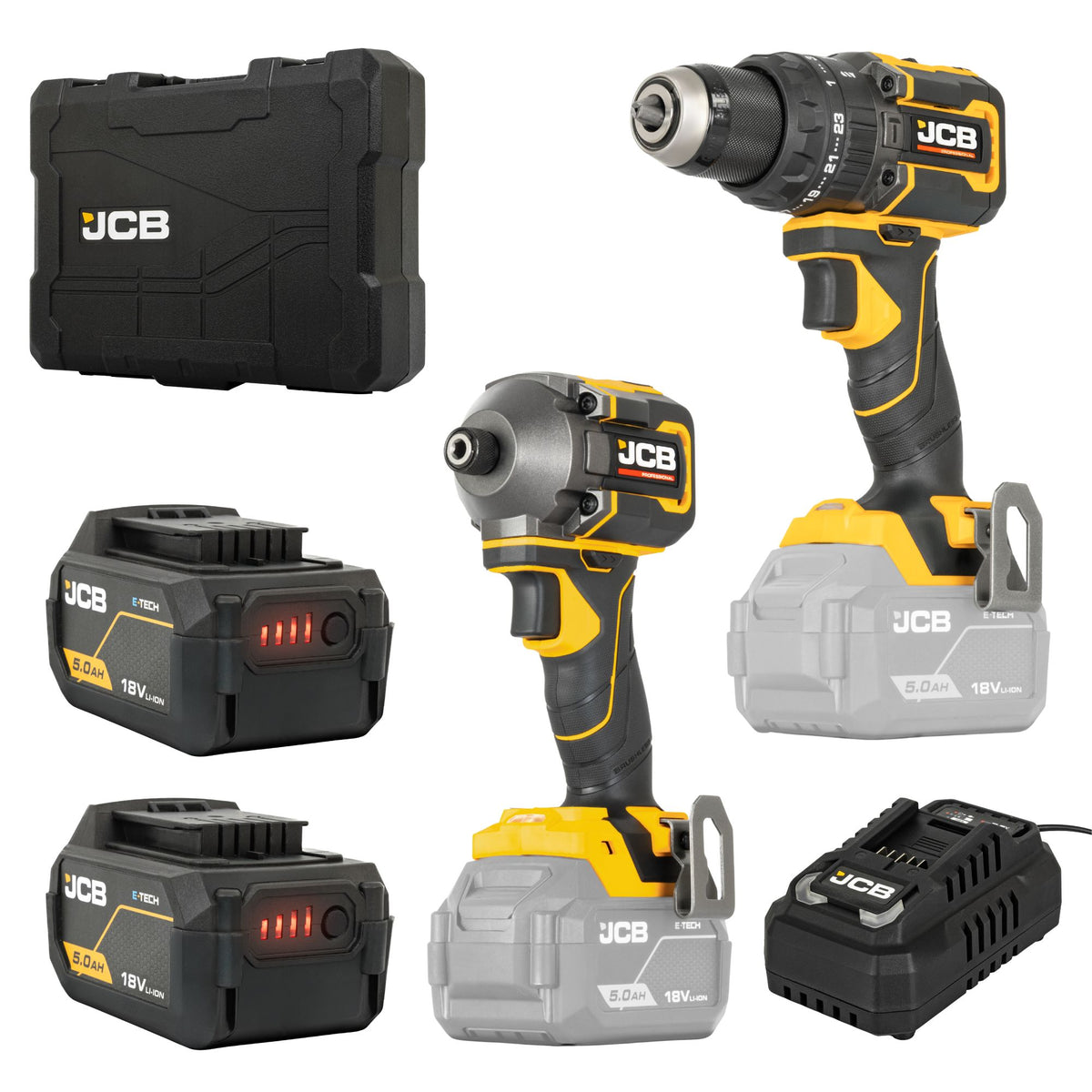 JCB Pro 18V Kit, 75Nm Combi Drill, Impact Driver, 2x 5.0Ah Batteries & 4.5A Fast Charger (in Carry Case) | JCB-18PKIT-2