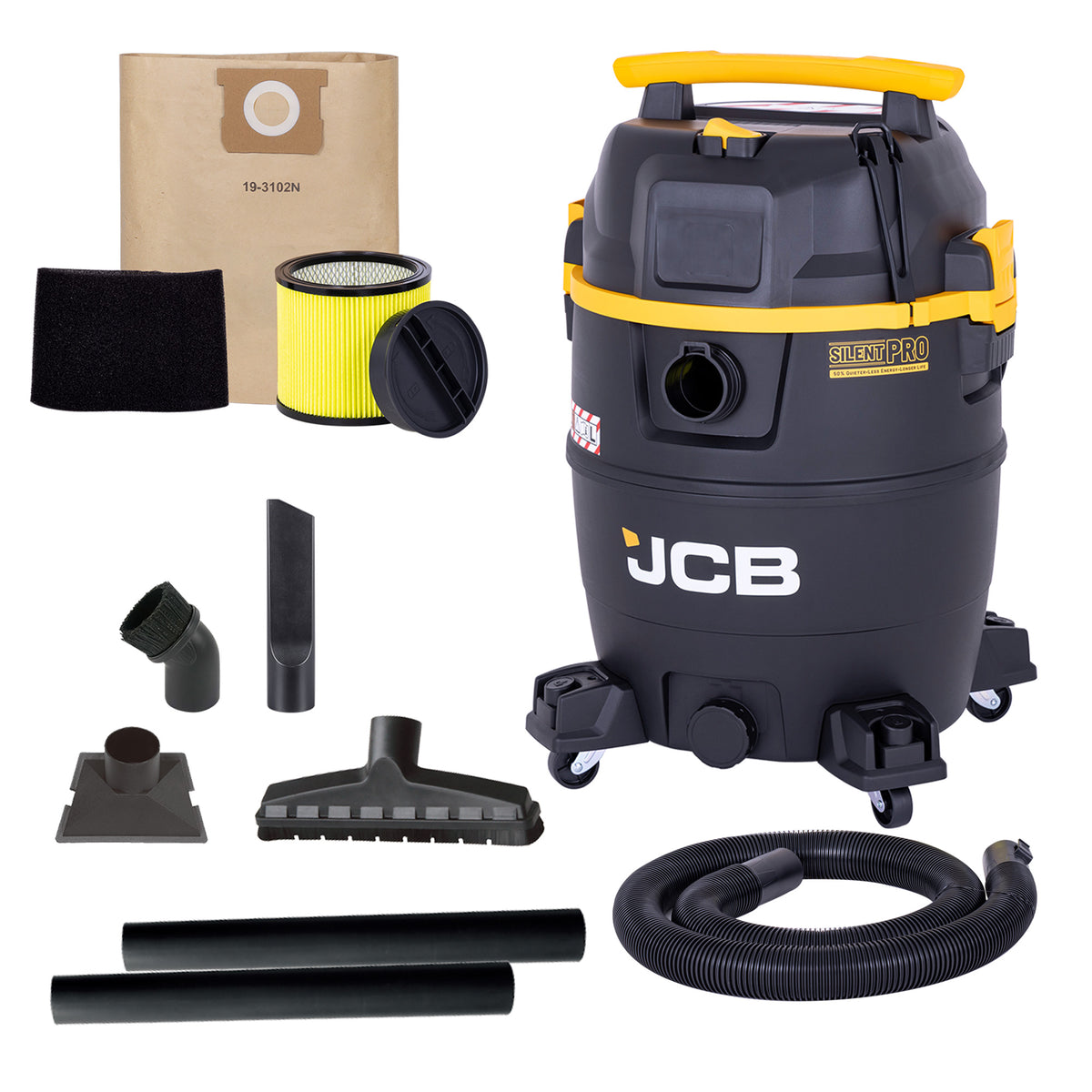 JCB, Silent Pro 61L L-Class Wet & Dry Vacuum Cleaner, 65dB(A) & 47L/s Airflow | JCB-SVACP-61L