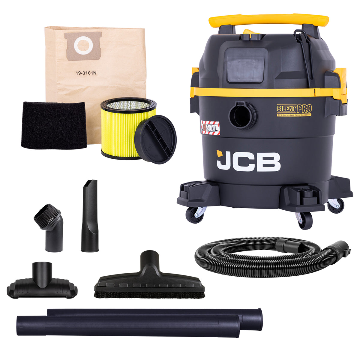 JCB, Silent Pro 34L L-Class Wet & Dry Vacuum Cleaner, 65dB(A) & 45L/s Airflow | JCB-SVACP-34L