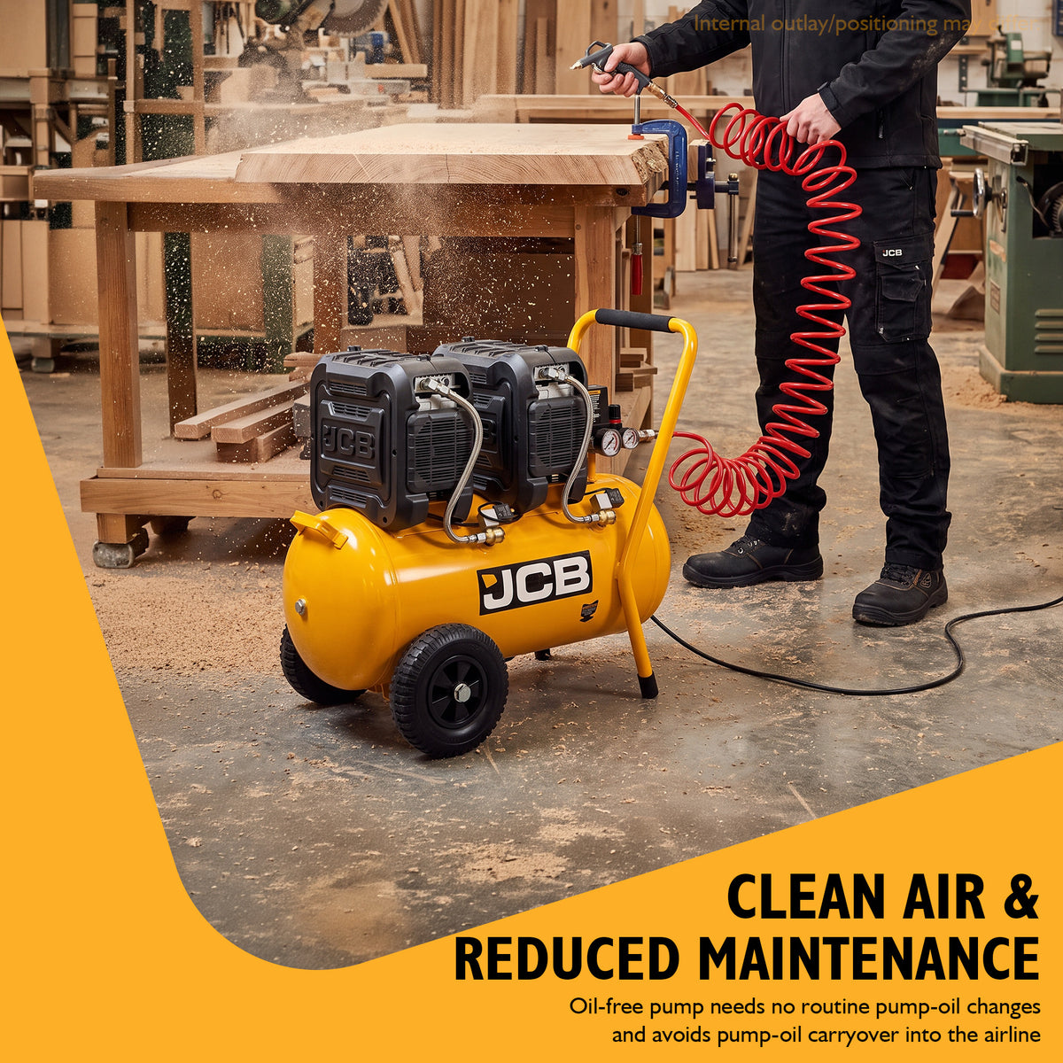 JCB Silent Pro 50L Oil-Free Air Compressor, 8 Bar & 300L/min Displacement | JCB-OFAC-50H