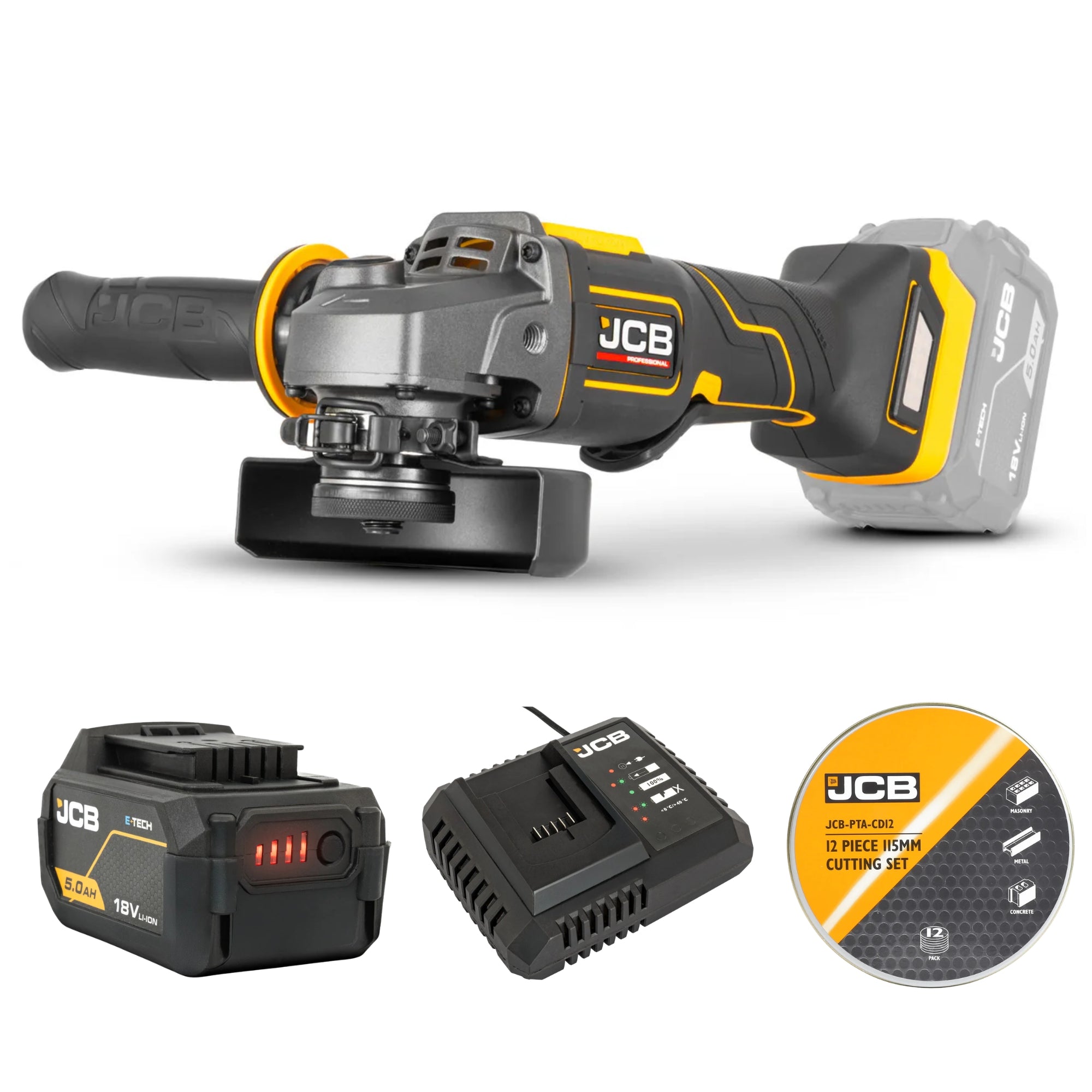 JCB Professional 18V 115mm Brushless Angle Grinder Kit with 5.0Ah Battery, 9A Super Fast Charger & 12-Piece Cutting Disc Set